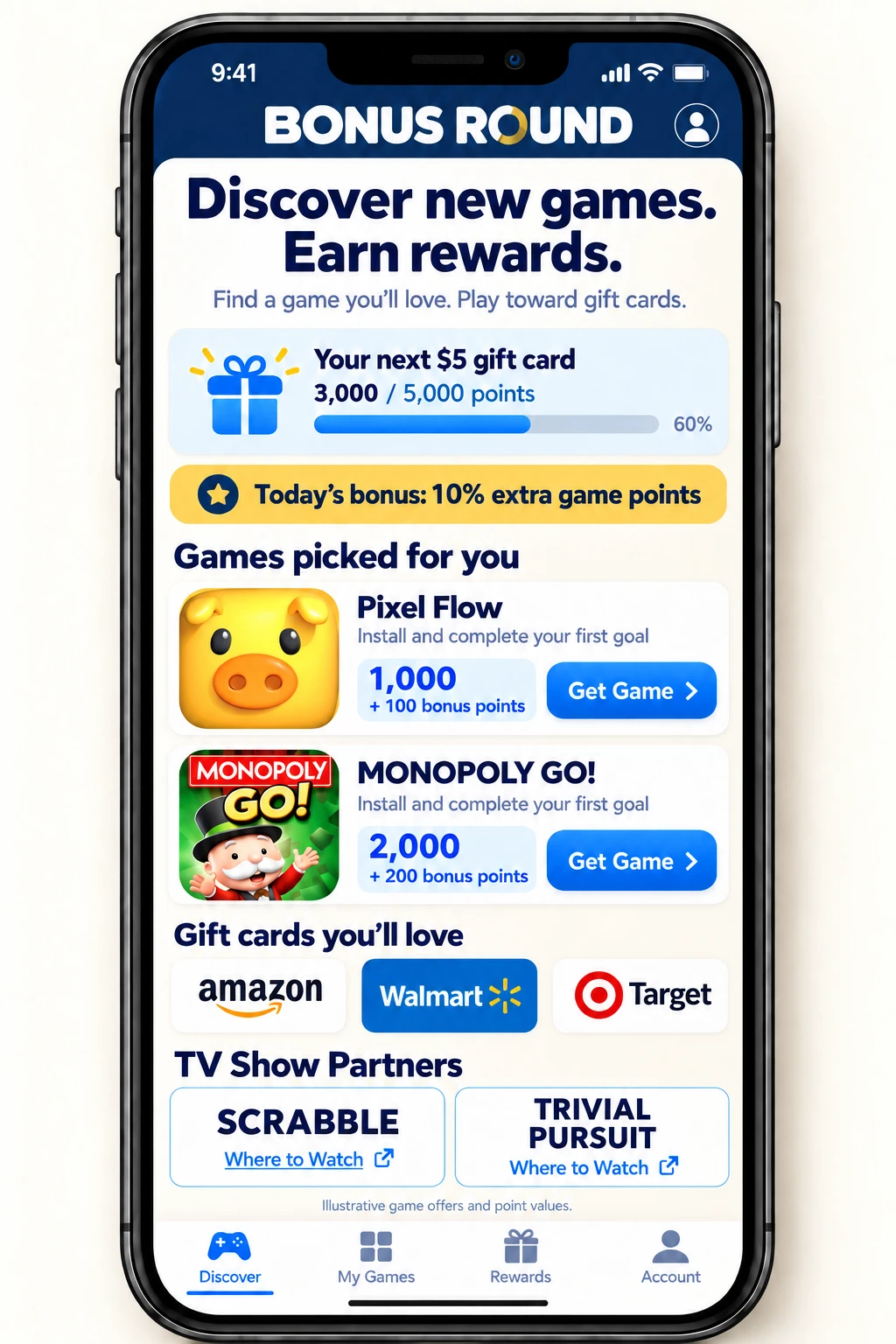 Bonus Round discovery screen with Pixel Flow, Monopoly GO, reward progress and TV Show Partners